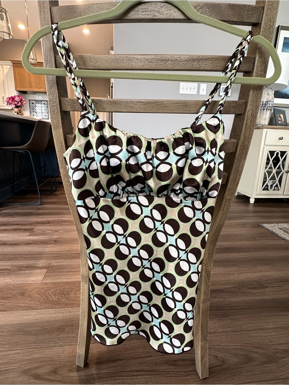 BCX Womens Green, Brown & White Geometric Spaghetti-Strap Dress